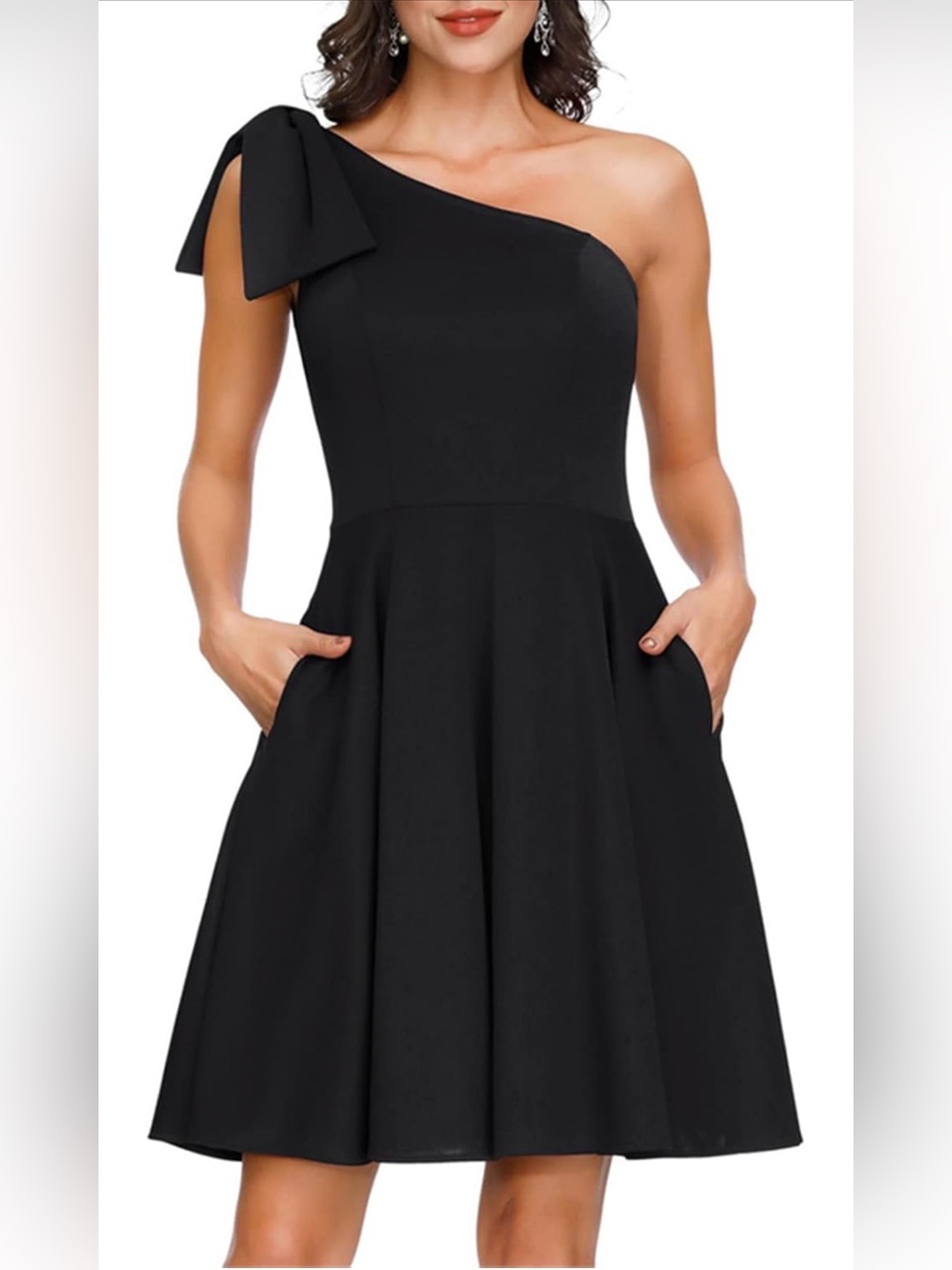 One-Shoulder Black A-Line Dress with Bow
